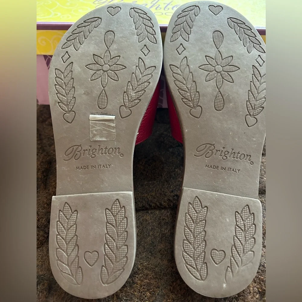 Brighton Red Leather Slide Sandals with Gold Medallions - Picture 4 of 5